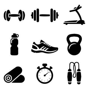 Spor salonu ve egzersiz simgeleri, halterler, koşu bandı, su şişesi, spor ayakkabısı, kettlebell, yoga minderi, kronometre ve beyaz arka plan teknolojisinde izole edilmiş ip atlama.