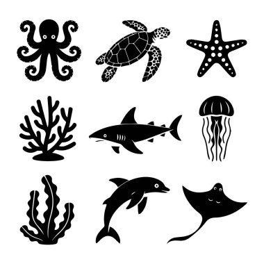Beyaz arka plan teknolojisinde ahtapot, kaplumbağa, denizyıldızı, mercan, köpekbalığı, denizanası, yunus ve vatoz içeren ikonlar