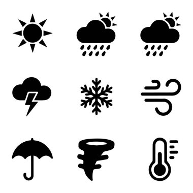 Güneş, yağmur, kar, şimşek, rüzgar, şemsiye, kasırga ve beyaz arka planda izole edilmiş termometre ikonlarının toplanması