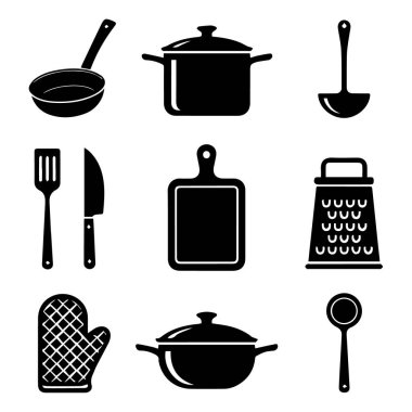 Beyaz arka plan teknolojisine izole edilmiş mutfak aletleri, tencere, kepçe, spatula, bıçak, kesme tahtası, rende, fırın eldiveni ve kaşık