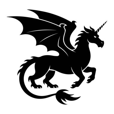 Kanatlı tek boynuzlu bir atın silueti. Ejderha kanatları ve tek boynuzlu at boynuzu. Beyaz arka plan teknolojisinde izole edilmiş.