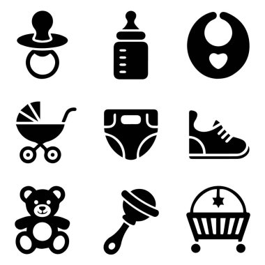 Bebek bakımı ikonları, emzik, bebek şişesi, önlük, bebek arabası, bebek bezi, ayakkabı, oyuncak ayı, çıngırak ve beşik, beyaz arka plan teknolojisinde izole edilmiş.