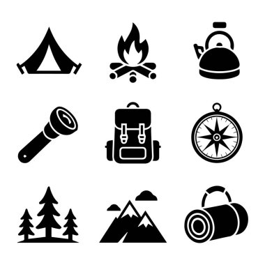 Kamp, kamp ateşi, çaydanlık, el feneri, sırt çantası, pusula, ağaçlar, dağlar ve uyku tulumu gibi ikonlar beyaz arka plan teknolojisinde izole edilmiştir.