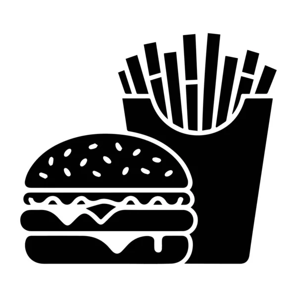 Hamburger ve patates kızartmasının silüeti beyaz arka planda izole edilmiş bir kutuda.