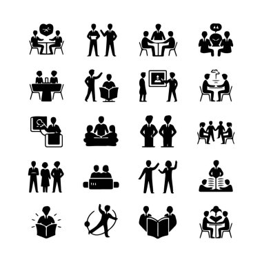 İş toplantısı ve işbirliği simgeleri koleksiyonu, tartışan ve öğrenen insanları gösteren, beyaz arka plan teknolojisi arka planında izole edilmiş