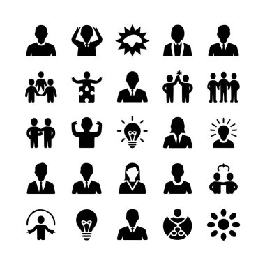 İş adamlarını, takım çalışmalarını ve beyaz arka planda izole edilmiş ampul, el sıkışma ve bireyler grubu gibi fikirleri tasvir eden bir dizi siyah siluet simgesi.