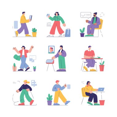 Gündelik giysiler içindeki çeşitli insanlar dizüstü bilgisayarlarla çalışmak, telefonla konuşmak ve çanta taşımak gibi çeşitli faaliyetlerde bulundular.