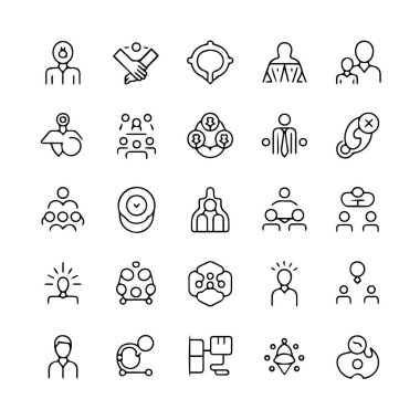 Beyaz arka planda izole edilmiş iş ve takım çalışması simgeleri, el sıkışma, insanlar, işbirliği ve strateji sembolleri de dahil olmak üzere,