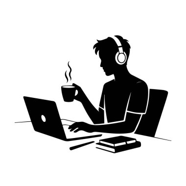 Kulaklık takan, elinde kahve fincanı tutan ve dizüstü bilgisayarda yazan beyaz arka plan teknolojisiyle izole edilmiş bir kişinin silueti.