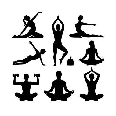 Yoga yapan, halterlerle egzersiz yapan, çeşitli pozlar veren ve spor yapan insanların siluetleri.