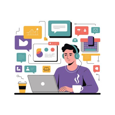 Kulaklık takan bir adam laptopta çalışıyor. Çevresinde çeşitli iş ve iletişim simgeleri var. Beyaz arka planda izole edilmiş bir teknoloji geçmişi var.