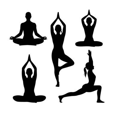 Çeşitli yoga pozları veren beş kişinin silueti beyaz arka plan teknolojisinde izole edilmiş.
