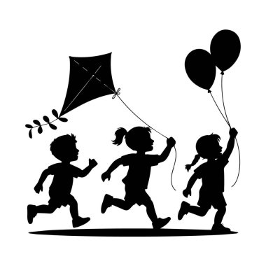 Uçurtma ve balonlarla koşan üç çocuk silueti, beyaz arka plan teknolojisi arka planında izole edilmiş.