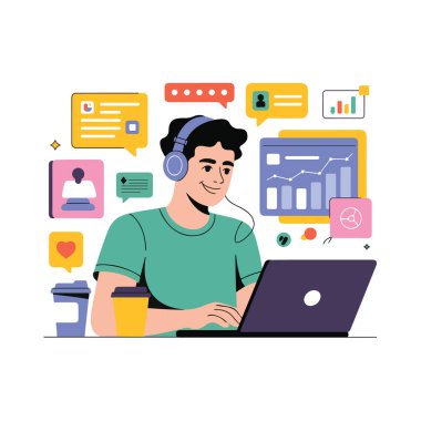 Kulaklık takan, arka planda grafikler ve sosyal medya simgeleri olan bir dizüstü bilgisayarda çalışan, beyaz arka planda izole edilmiş genç bir adam.