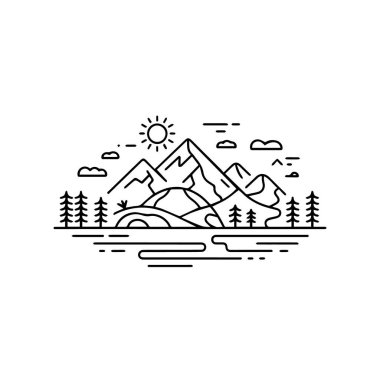 Açık hava macerasını ve doğa teknolojisini temsil eden çadır, ağaç, nehir ve güneş içeren bir dağ manzarasının minimalist çizgisi.