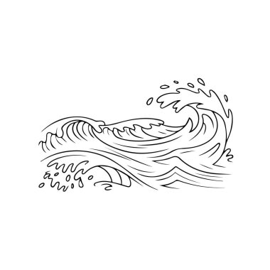 Biçimlendirilmiş siyah beyaz çizim okyanus dalgaları çarpıyor, beyaz arka planda izole edilmiş teknoloji arka planında