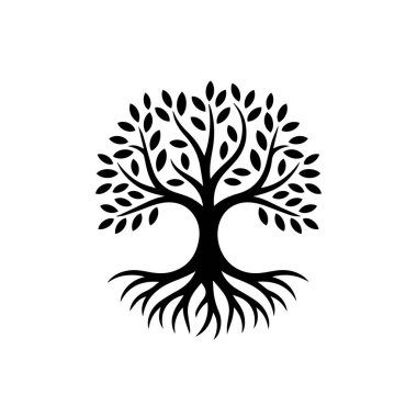 Belirgin kökleri ve yapraklardan oluşan bir gölgesi olan bir ağacın stilize edilmiş siyah silueti büyümeyi, yaşamı ve bağlantı teknolojisini simgeliyor.