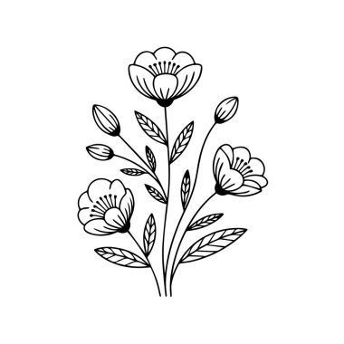 Tomurcukları ve yaprakları olan, beyaz arkaplan teknolojisi arka planında izole, çiçek açan bir çiçeğin narin çizgisi.