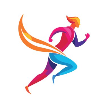 Beyaz arka planda izole edilmiş akıcı kurdele izine sahip bir koşucunun renkli soyut çizimi