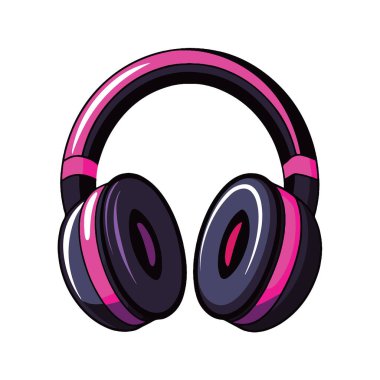 Canlı pembe ve siyah kulaklıklar beyaz arka planda izole edilmiş, müzik ve sesi sembolize ediyor.