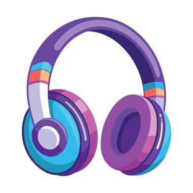 Mor ve mavi aksanlı renkli kulaklıklar, beyaz arka planda izole edilmiş.
