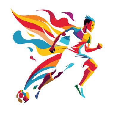 Dinamik futbolcu, beyaz arka planda soyut bir pelerin ve topla koşuyor.