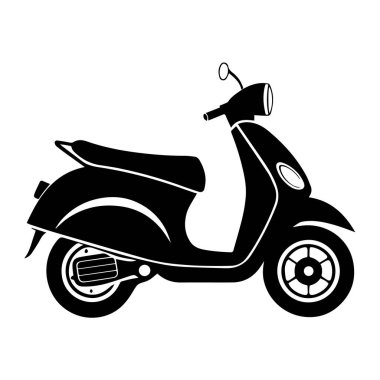 Beyaz arka planda izole edilmiş klasik bir scooter 'ın siyah silueti, şehir hareketliliğini ve eski tarz