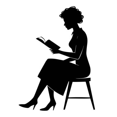 Taburede oturan bir kadının silueti beyaz arka planda izole edilmiş kitap okuyor.