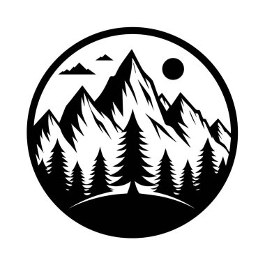 Çam ağaçları ve güneş olan bir dağ siluetinin dairesel silueti macera ve doğayı çağrıştırıyor.