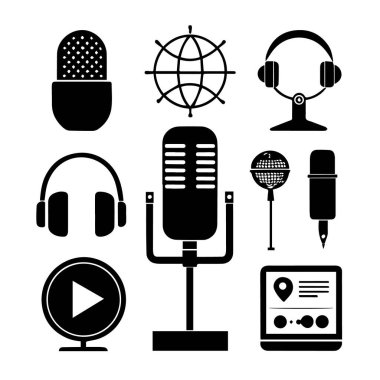 Beyaz arkaplanda izole edilmiş, podcast ve ses kayıt simgeleri koleksiyonu mikrofonlar, kulaklıklar, dünya, çalma düğmesi ve tablet