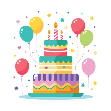 Üç yaş günü pastası. Beyaz arka planda izole edilmiş mumlar ve renkli balonlar.