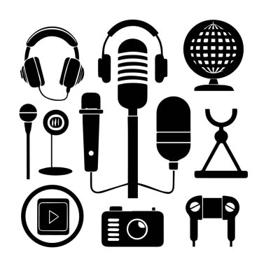 Beyaz arka planda izole edilmiş ses ve video kayıt cihazları ikonları, mikrofonlar, kulaklıklar, bir kamera ve bir dünya