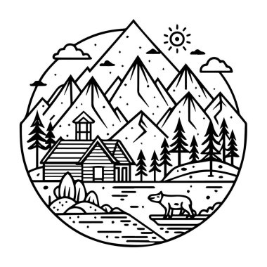Çam ağaçları ve nehir kenarında güneşli bir gökyüzünün altında bir ayıyla bir dağ manzarasına yerleşmiş bir kır evinin dairesel çizgisi çizimi.