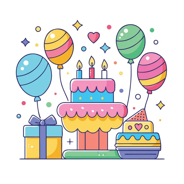 Katmanlı pasta, kek, balon ve hediye kutularıyla mutlu yıllar. Parti davetiyeleri ve dekorasyonlar için mükemmel.