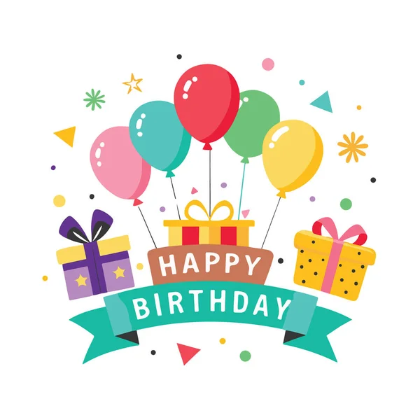 Mutlu yıllar sana renkli balonlar, hediye kutuları ve konfetilerle, beyaz arka planda izole edilmiş.