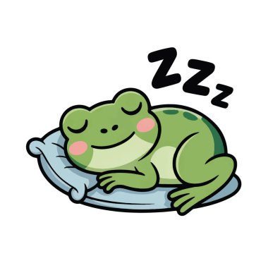 Tatlı çizgi film kurbağası, beyaz arka planda izole edilmiş yastıkta huzur içinde uyuyor.