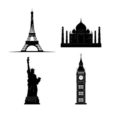 Eyfel Kulesi, Tac Mahal, Özgürlük Heykeli ve beyaz arka planda izole edilmiş Büyük Ben 'in de dahil olduğu ünlü dünya simgeleri koleksiyonu.
