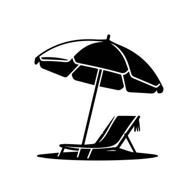 Plaj şemsiyesinin siyah bir silueti ve kumdaki şezlong mükemmel bir yaz tatilini temsil ediyor.
