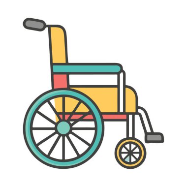 Tekerlekli sandalyenin renkli bir çizimi, beyaz arka planda izole edilmiş hareket kabiliyetini, sakatlığı ve sağlık hizmetlerini simgeliyor.