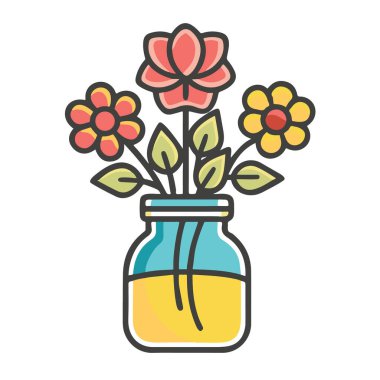 Cam bir vazoda üç çiçek açan renkli bir resim, beyaz bir arkaplanda izole edilmiş, bahar ve ev dekorasyonu için mükemmel.