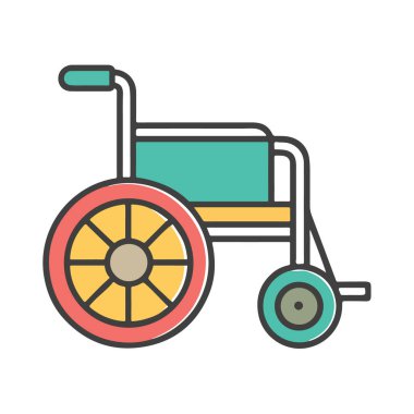 Tekerlekli sandalyenin renkli düz çizimi, hareket kabiliyetini, engelliliğini ve sağlık hizmetlerini sembolize ediyor, beyaz bir arka planda izole edilmiş.