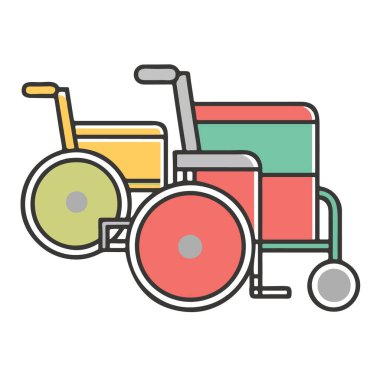 İki renkli tekerlekli sandalye, biri sarı ve biri kırmızı ve yeşil, yan yana, engelliler için hareket ve yardımı simgeliyor.