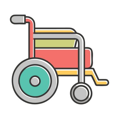 Tekerlekli sandalyenin renkli bir çizimi, engelliler için hareket kabiliyeti, yardımı ve sağlık hizmetlerini sembolize ediyor