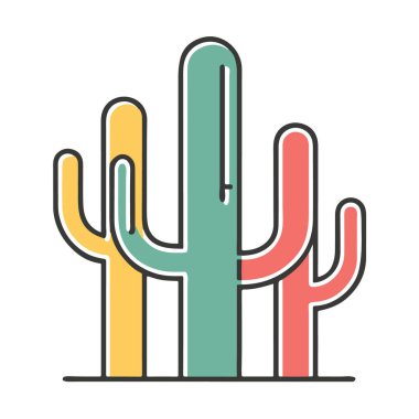 Canlı renklerde üç stilize kaktüs. Yeşil, sarı ve kırmızı. Beyaz arka planda izole edilmiş.