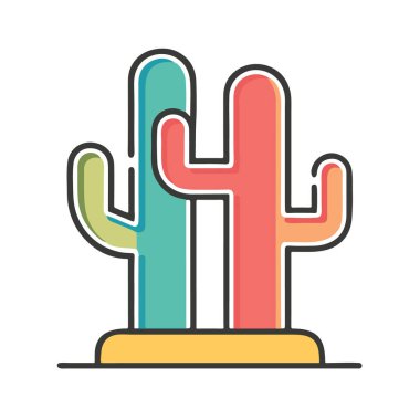 Kolları olan iki renkli saguaro kaktüsünün şekillendirilmiş hali, beyaz bir arka planda izole edilmiş, çöl bitkilerini ve kurak manzaraları temsil ediyor.