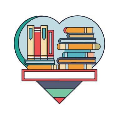 Bir yığın kitap bir kalp şekli oluşturuyor, okuma ve bilginin aşkını simgeliyor, metin için boş bir boşluk var.