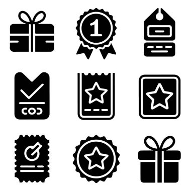 Beyaz arkaplanda izole edilmiş hediye kutuları, ödüller, etiketler, biletler ve rozetler koleksiyonu