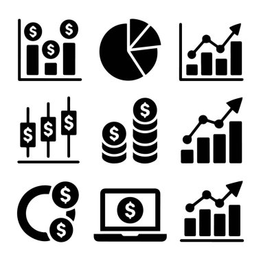 Beyaz arkaplanda izole edilmiş tablolar, grafikler, para ve dizüstü bilgisayar içeren finansal ve iş analizi simgeleri koleksiyonu