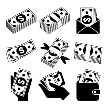 Beyaz bir arka planda, para, fatura ve ödemeler de dahil olmak üzere para ve finansmanın çeşitli yönlerini temsil eden biçimlendirilmiş siyah beyaz simgelerin toplanması