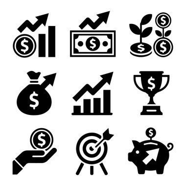 Büyümeyi, yatırımı, tasarrufu ve iş ve ekonomideki başarıyı temsil eden finansal simgelerin toplanması beyaz arka planda izole edilmiştir.